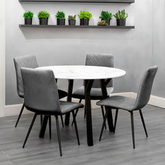 Dining Set - 1.1m Marble Round Table & 4 x CH66 Grey Chairs - KT