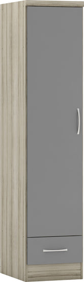 Nevada 1 Door 1 Drawer Wardrobe (Grey Gloss/Light Oak Effect Veneer) WH