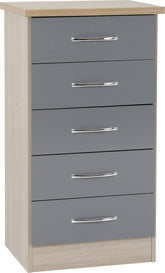 Nevada 5 Drawer Narrow Chest (Grey Gloss/Light Oak Effect Veneer) WH