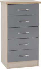 Nevada 5 Drawer Narrow Chest (Grey Gloss/Light Oak Effect Veneer) WH