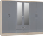 Nevada 6 Door 2 Drawer Mirrored Wardrobe (Grey Gloss/Light Oak Effect Veneer) WS