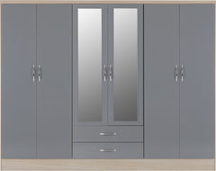 Nevada 6 Door 2 Drawer Mirrored Wardrobe (Grey Gloss/Light Oak Effect Veneer) WS