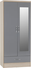 Nevada Mirrored 2 Door 1 Drawer Wardrobe Grey Gloss/Light Oak Effect WS