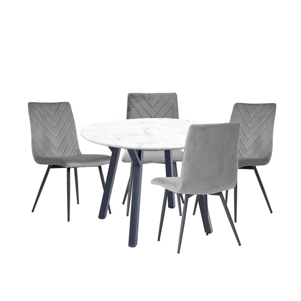 Dining Set - 1.1m Marble Round Table & 4 x CH66 Grey Chairs - KT