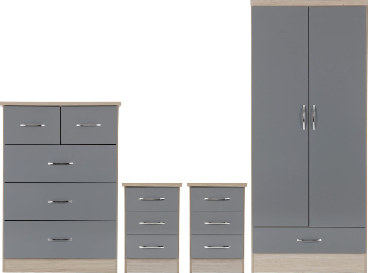 Nevada 2 Door 1 Drawer Wardrobe Bedroom Set (Grey Gloss/Light Oak Effect Veneer) WH