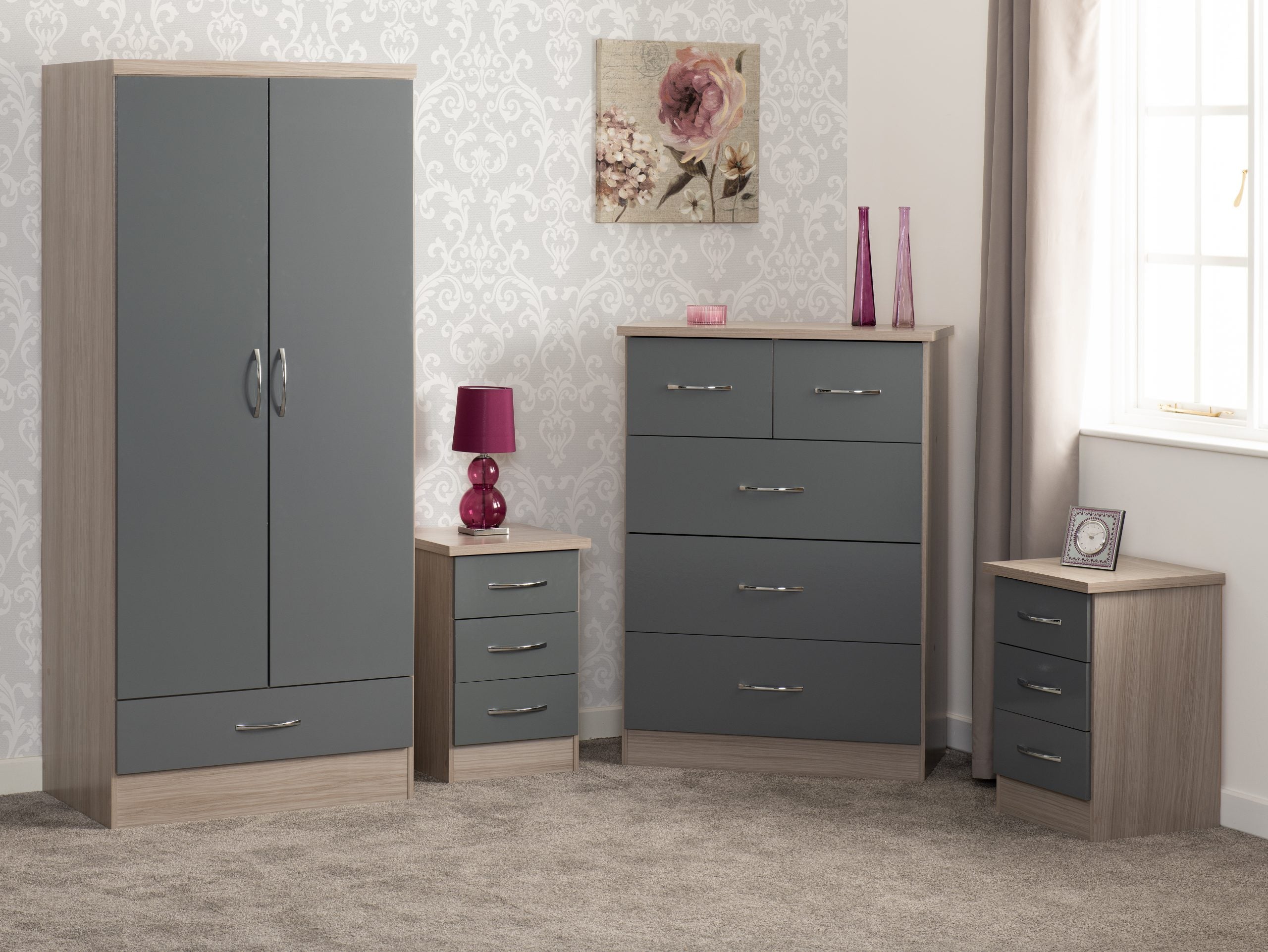 Nevada 2 Door 1 Drawer Wardrobe Bedroom Set (Grey Gloss/Light Oak Effect Veneer) WH