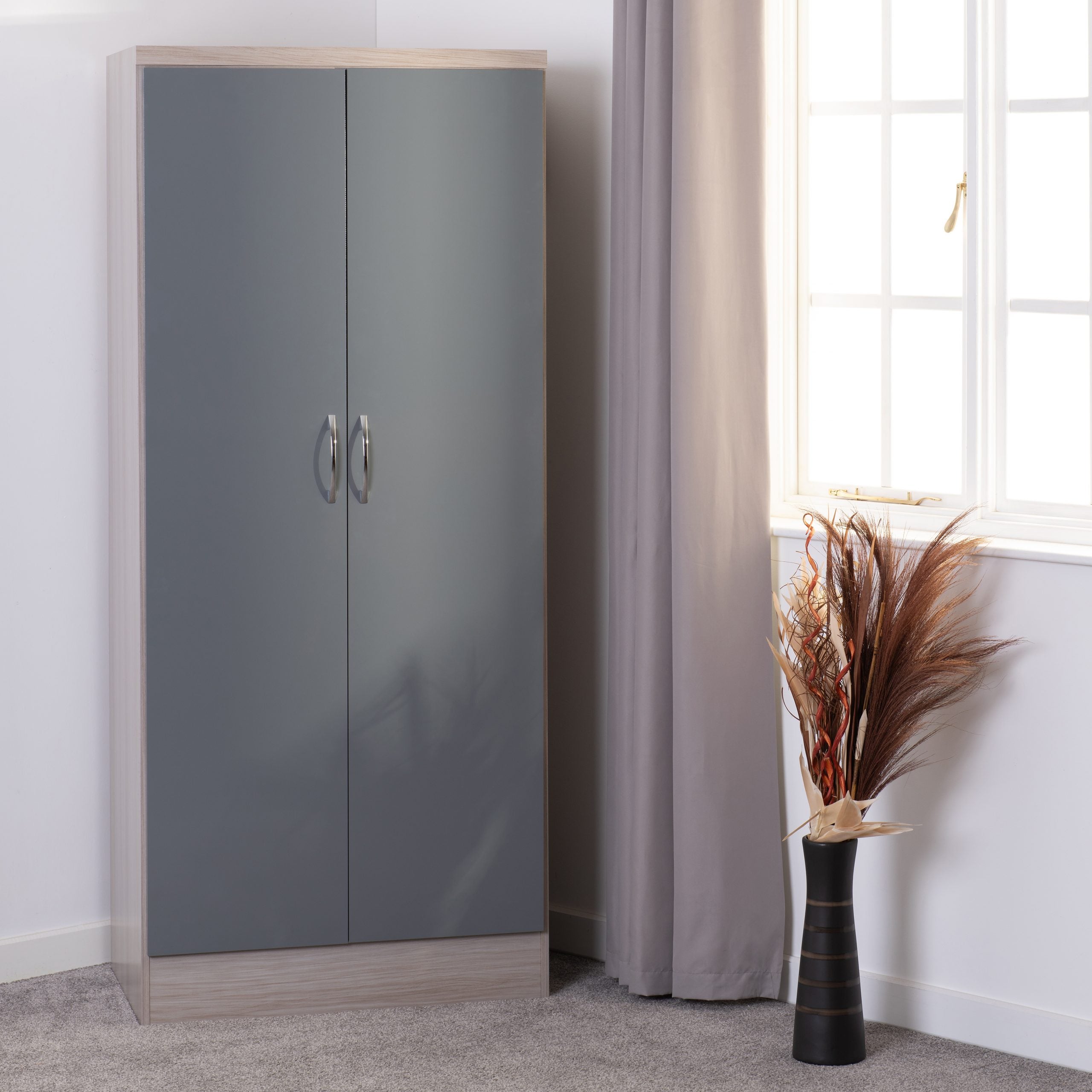 Nevada 2 Door All Hanging Wardrobe (Grey Gloss/Light Oak Effect Veneer) WH