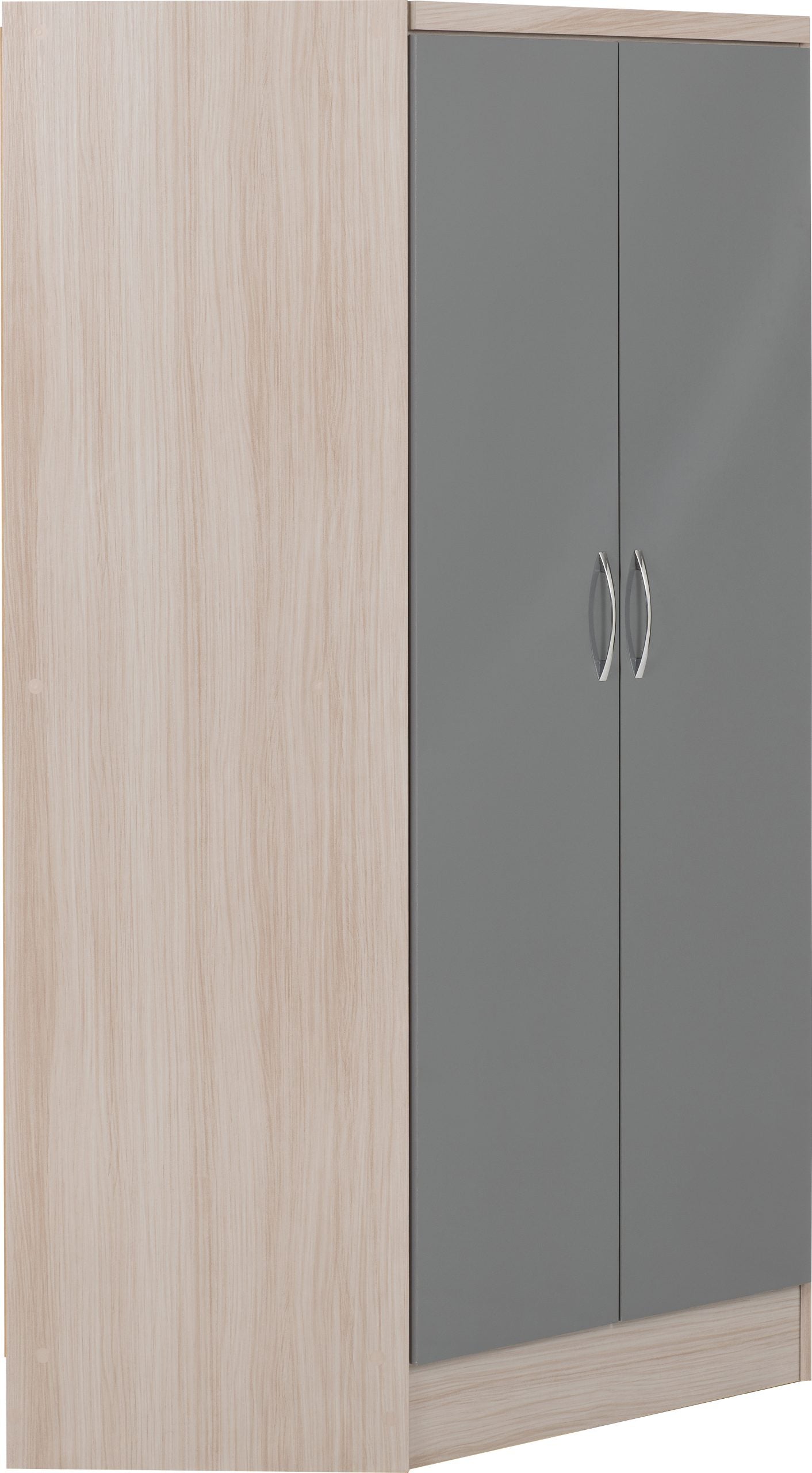 Nevada 2 Door Corner Wardrobe (Grey Gloss/Light Oak Effect Veneer) WH