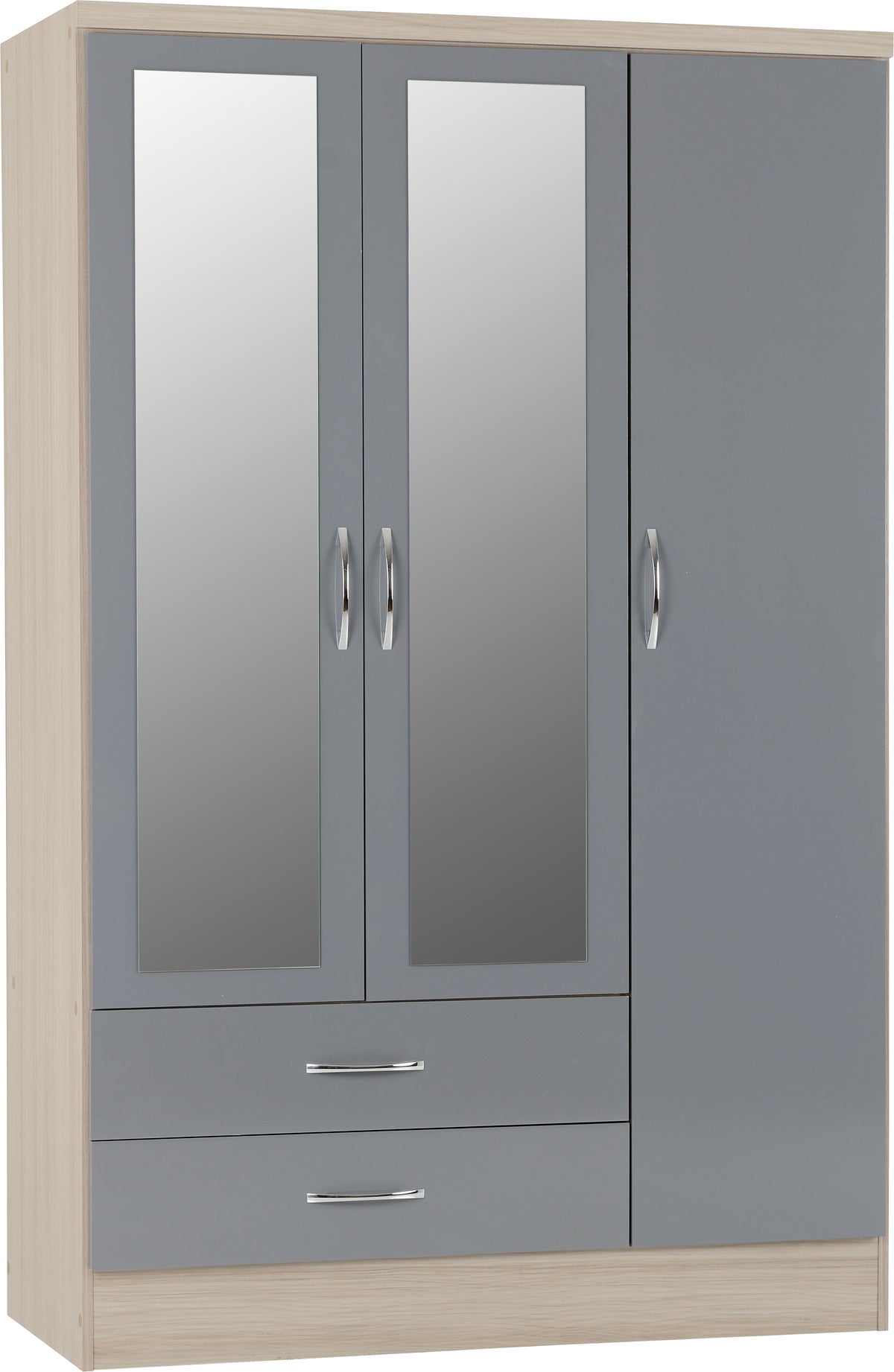 Nevada 3 Door 2 Drawer Mirrored Wardrobe (Grey Gloss/Light Oak Effect Veneer) WH