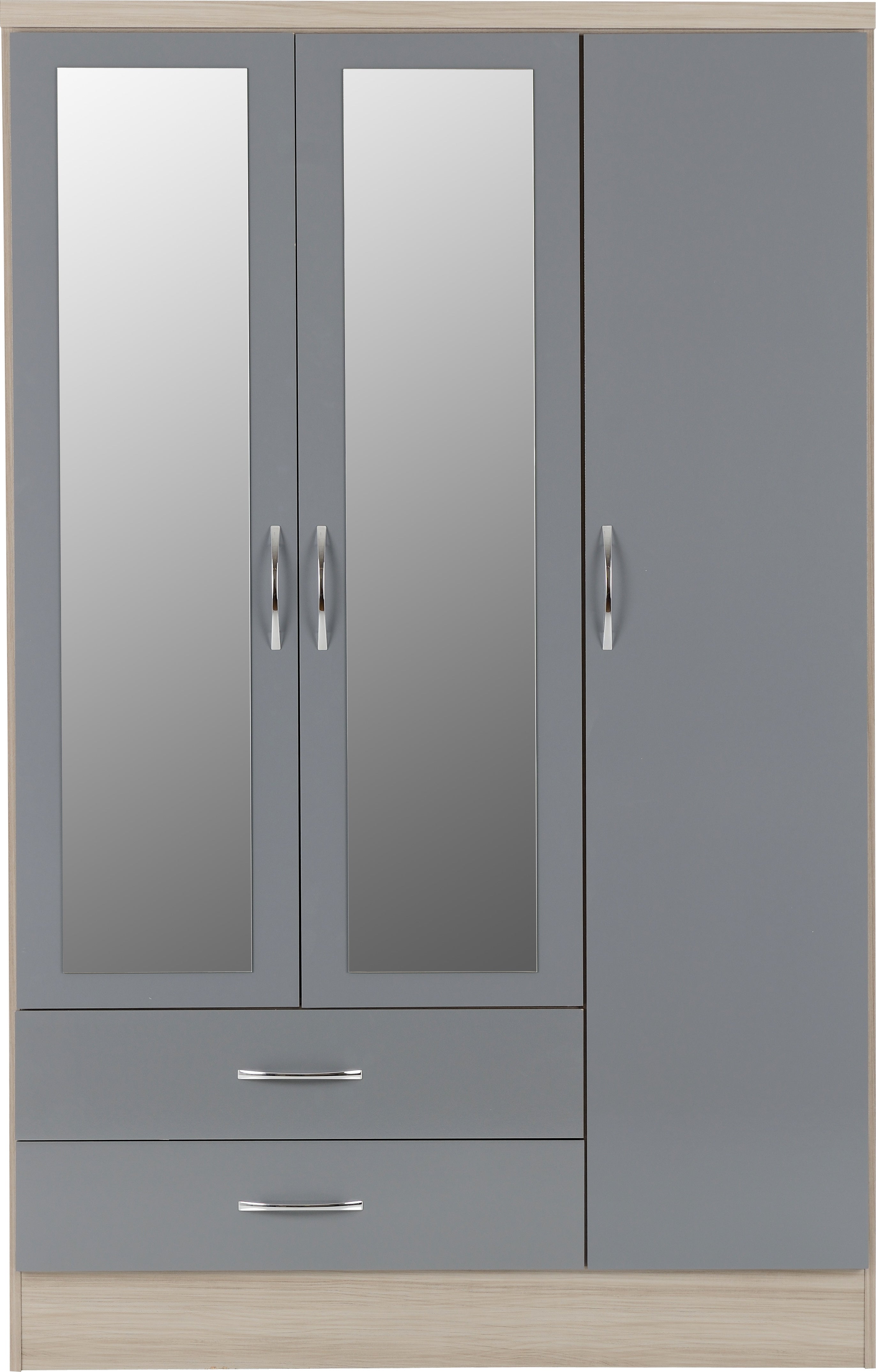 Nevada 3 Door 2 Drawer Mirrored Wardrobe (Grey Gloss/Light Oak Effect Veneer) WH