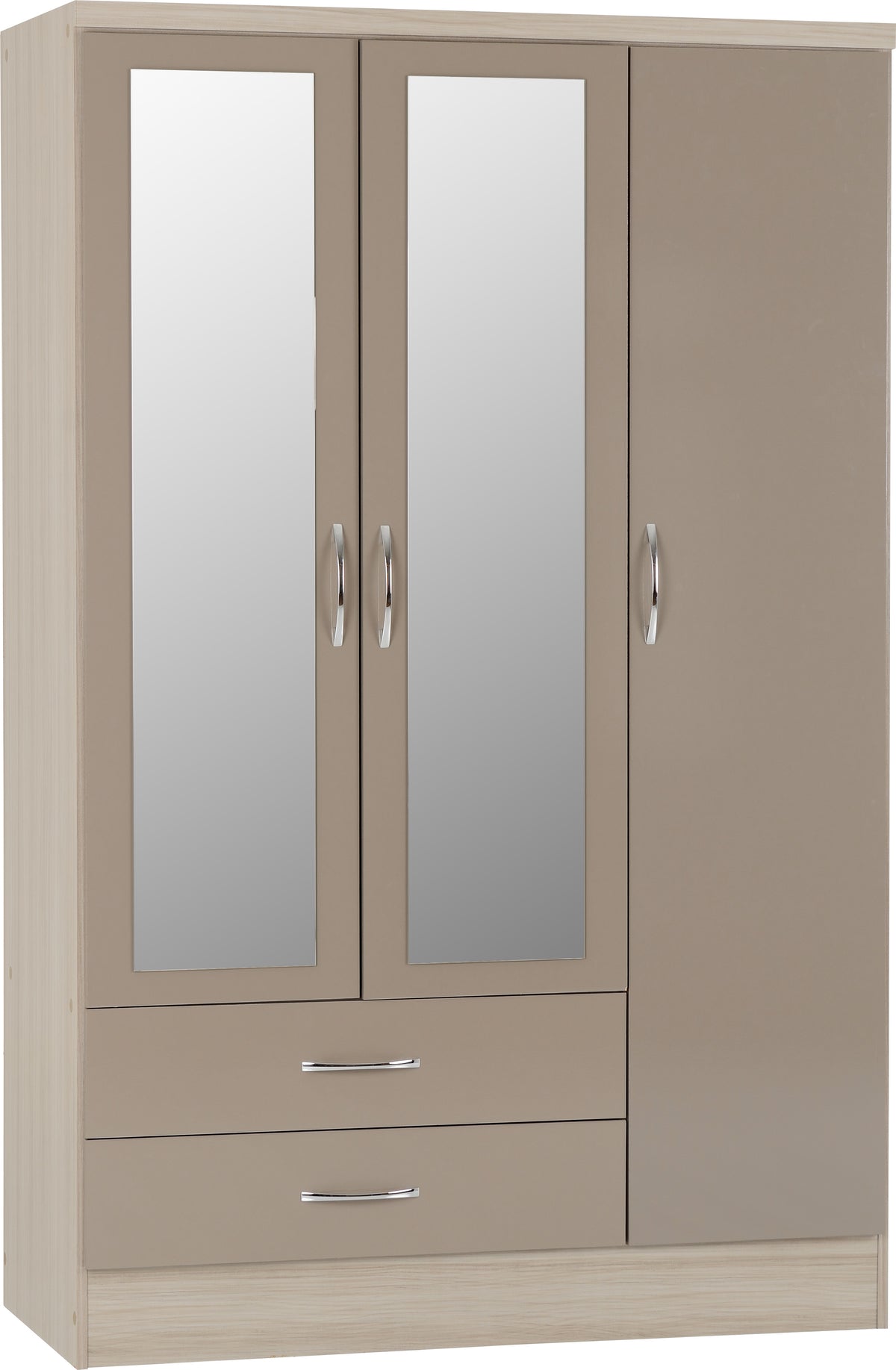 Nevada 3 Door 2 Drawer Mirrored Wardrobe (Oyster Gloss/Light Oak Effect Veneer) WH