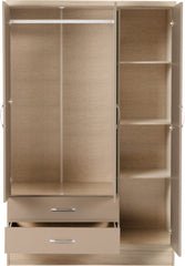 Nevada 3 Door 2 Drawer Mirrored Wardrobe (Oyster Gloss/Light Oak Effect Veneer) WH