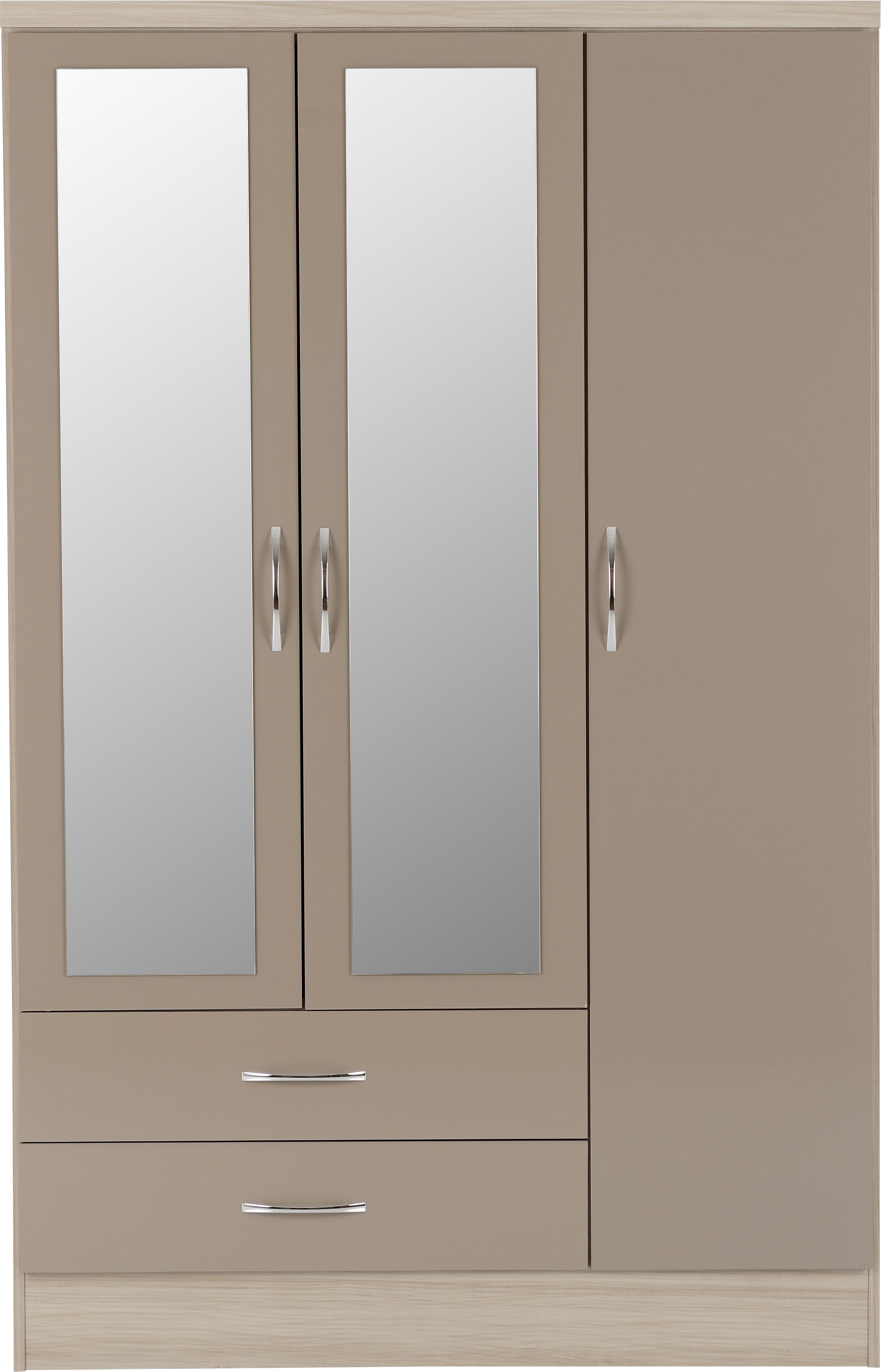 Nevada 3 Door 2 Drawer Mirrored Wardrobe (Oyster Gloss/Light Oak Effect Veneer) WH