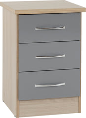 Nevada 3 Drawer Bedside Grey Gloss/Light Oak Effect Veneer - WH