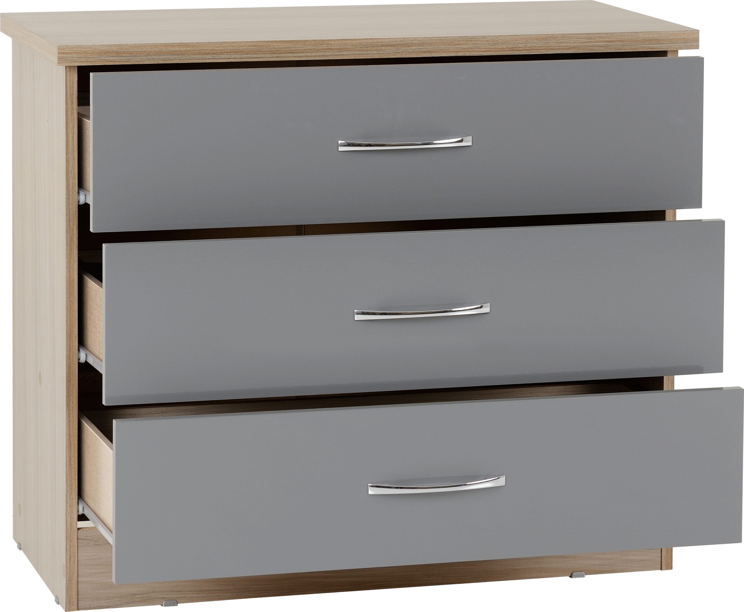 Nevada 3 Drawer Chest (Grey Gloss/Light Oak Effect Veneer) - WH