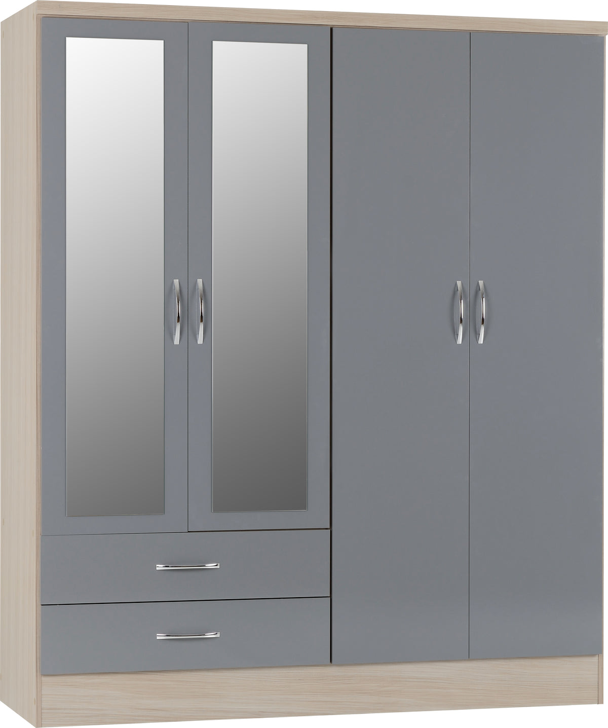 Nevada 4 Door 2 Drawer Mirrored Wardrobe (Grey Gloss/Light Oak Effect Veneer) WH