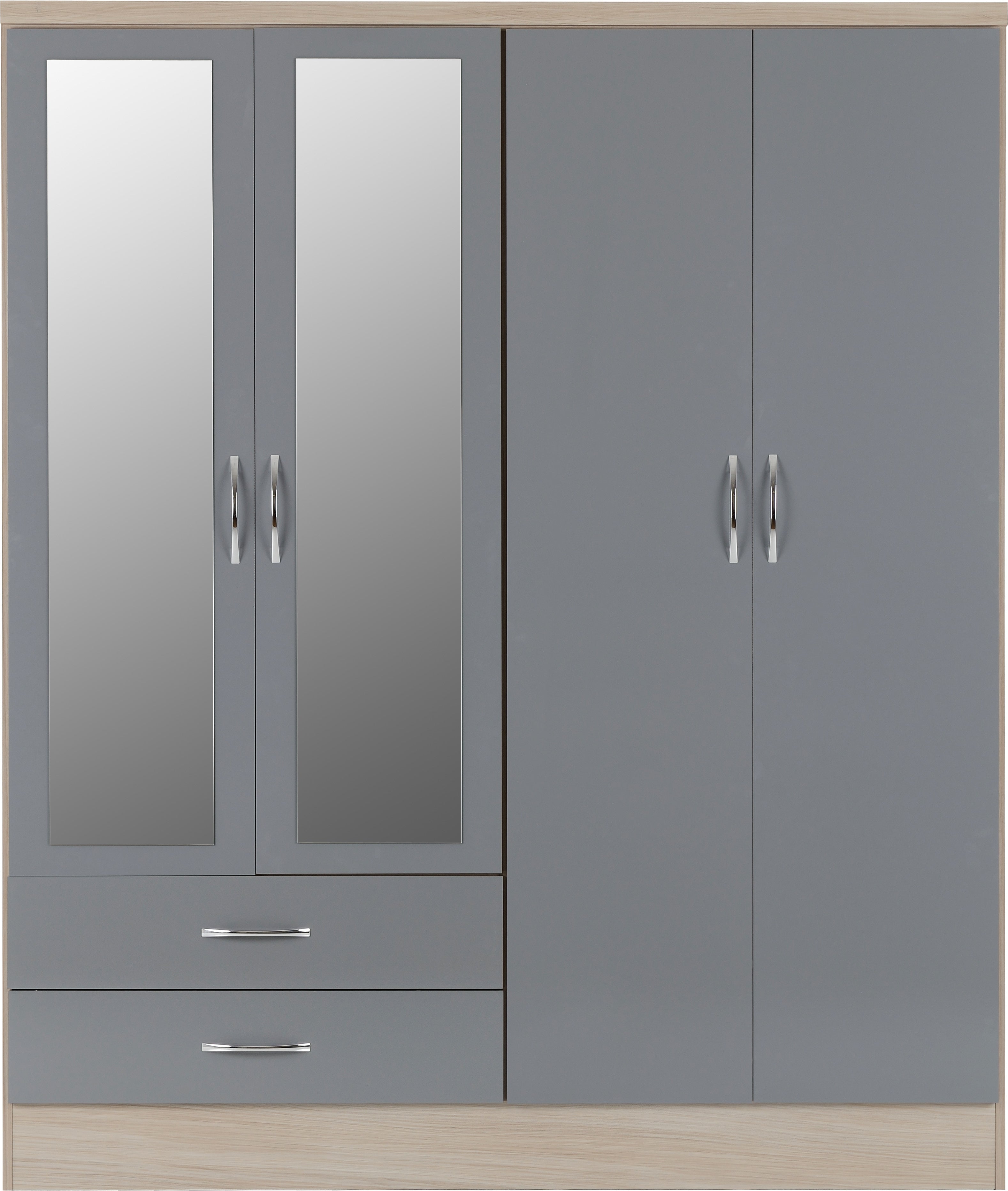 Nevada 4 Door 2 Drawer Mirrored Wardrobe (Grey Gloss/Light Oak Effect Veneer) WH