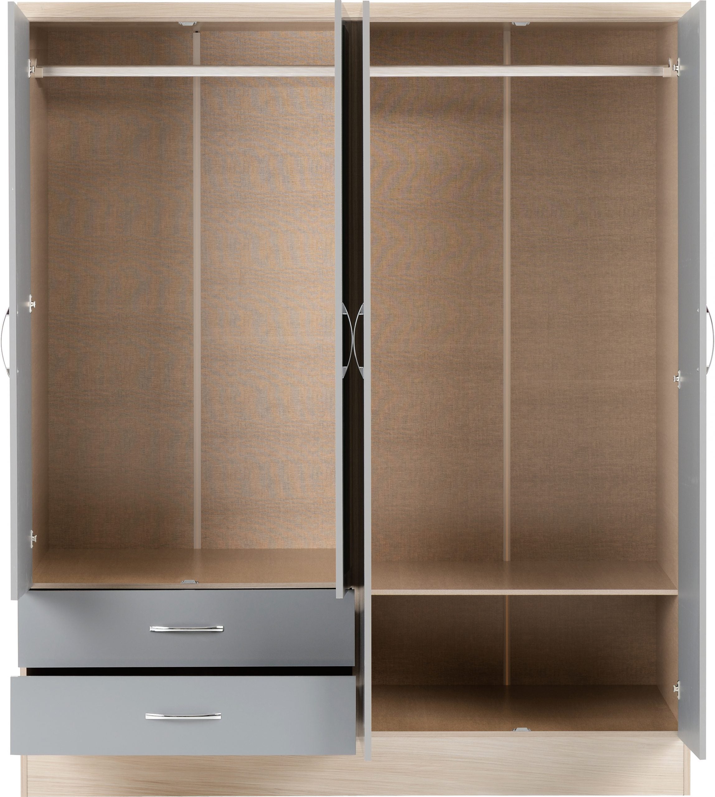 Nevada 4 Door 2 Drawer Mirrored Wardrobe (Grey Gloss/Light Oak Effect Veneer) WH