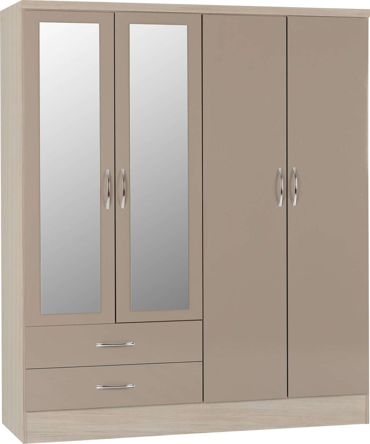 Nevada 4 Door 2 Drawer Mirrored Wardrobe (Oyster Gloss/Light Oak Effect Veneer) WH