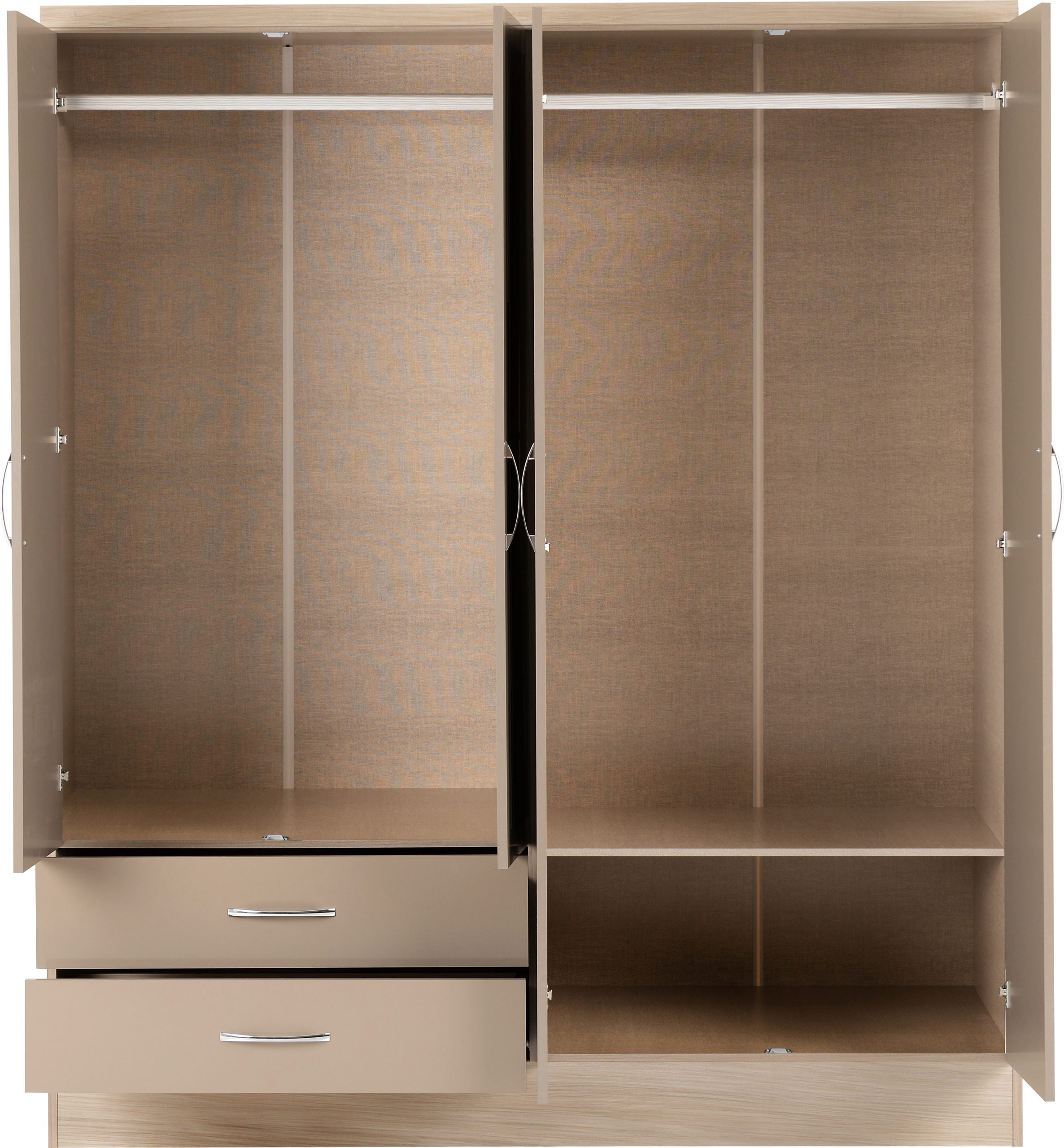 Nevada 4 Door 2 Drawer Mirrored Wardrobe (Oyster Gloss/Light Oak Effect Veneer) WH