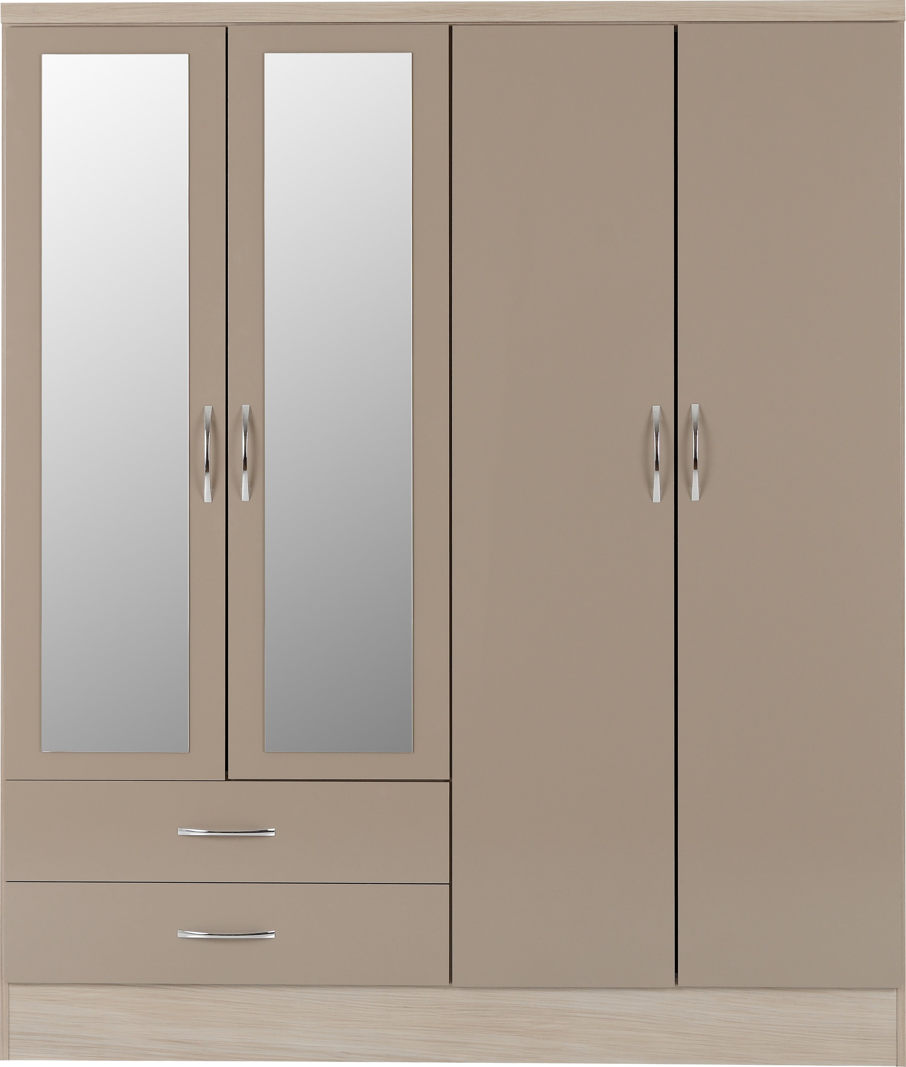 Nevada 4 Door 2 Drawer Mirrored Wardrobe (Oyster Gloss/Light Oak Effect Veneer) WH