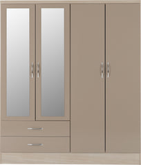 Nevada 4 Door 2 Drawer Mirrored Wardrobe (Oyster Gloss/Light Oak Effect Veneer) WH