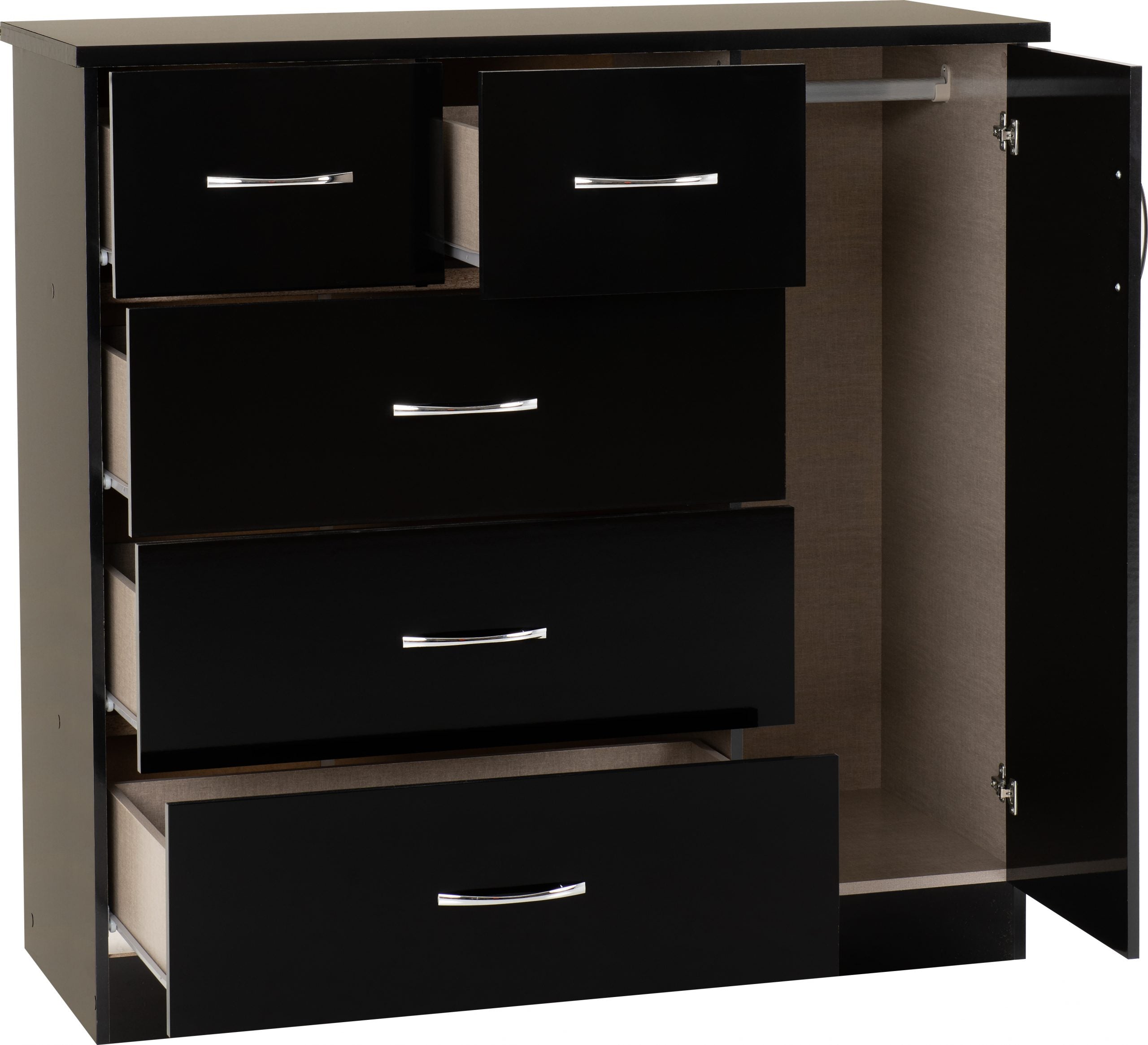 Nevada 5 Drawer Low Wardrobe (Black Gloss) WH