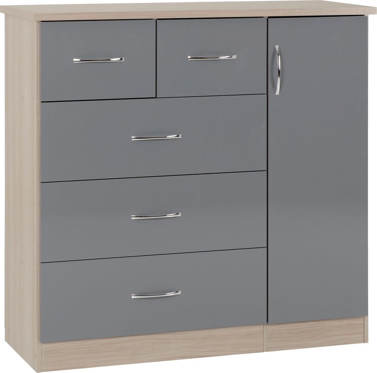 Nevada 5 Drawer Low Wardrobe (Grey Gloss/Light Oak Effect Veneer) WH