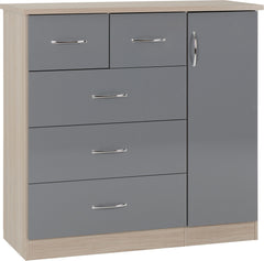 Nevada 5 Drawer Low Wardrobe (Grey Gloss/Light Oak Effect Veneer) WH