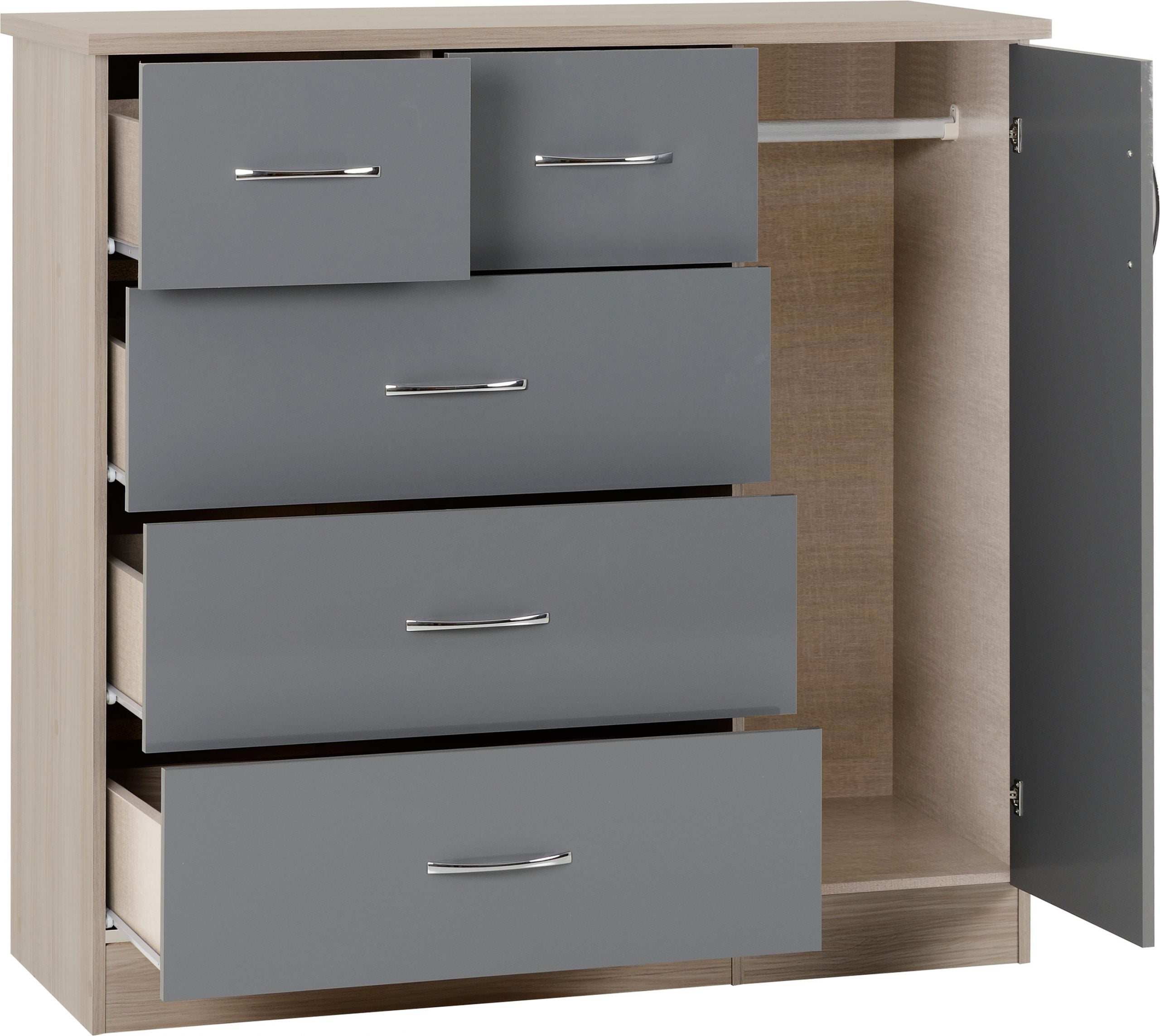 Nevada 5 Drawer Low Wardrobe (Grey Gloss/Light Oak Effect Veneer) WH