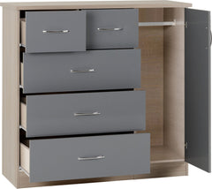 Nevada 5 Drawer Low Wardrobe (Grey Gloss/Light Oak Effect Veneer) WH