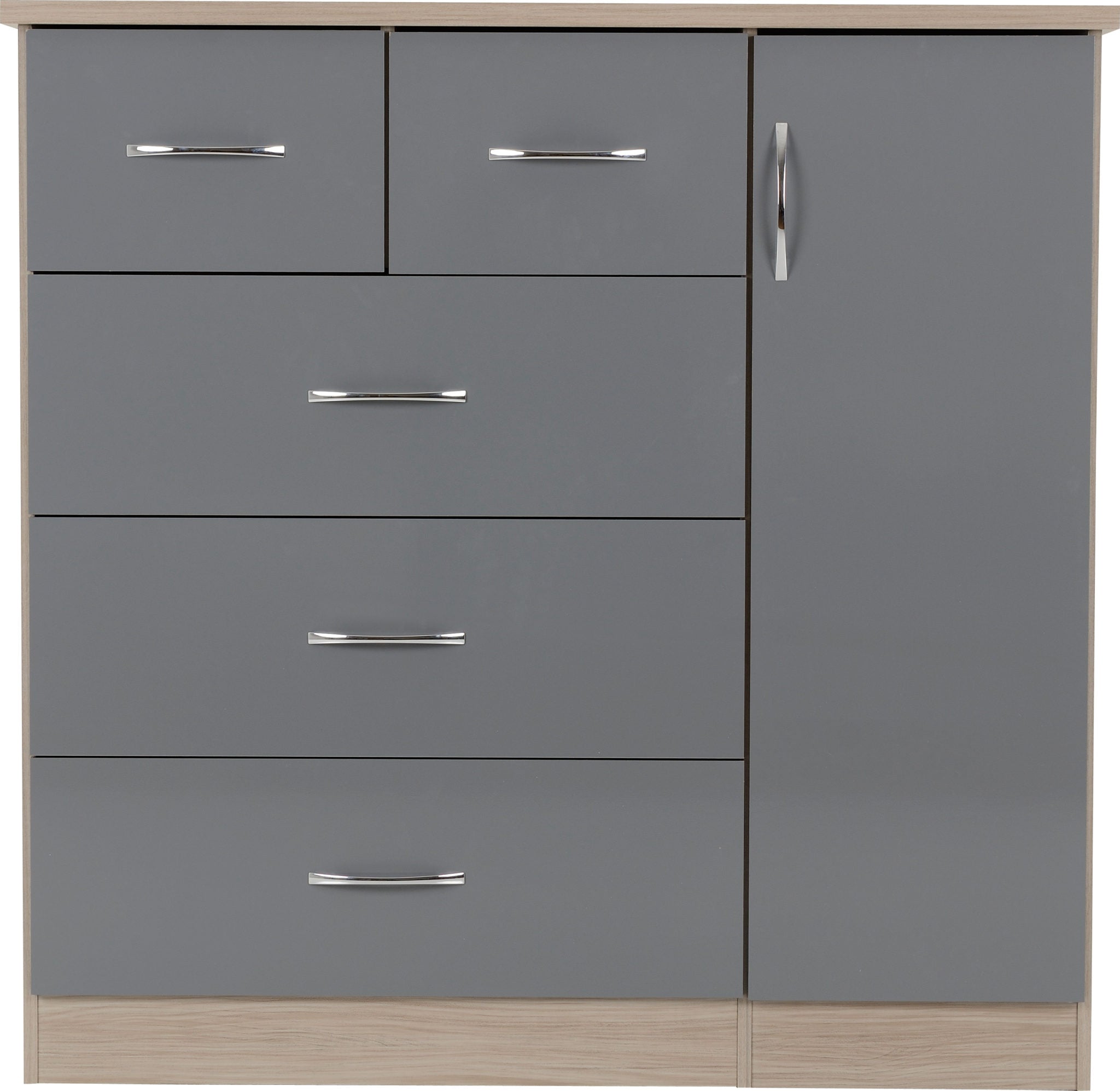 Nevada 5 Drawer Low Wardrobe (Grey Gloss/Light Oak Effect Veneer) WH