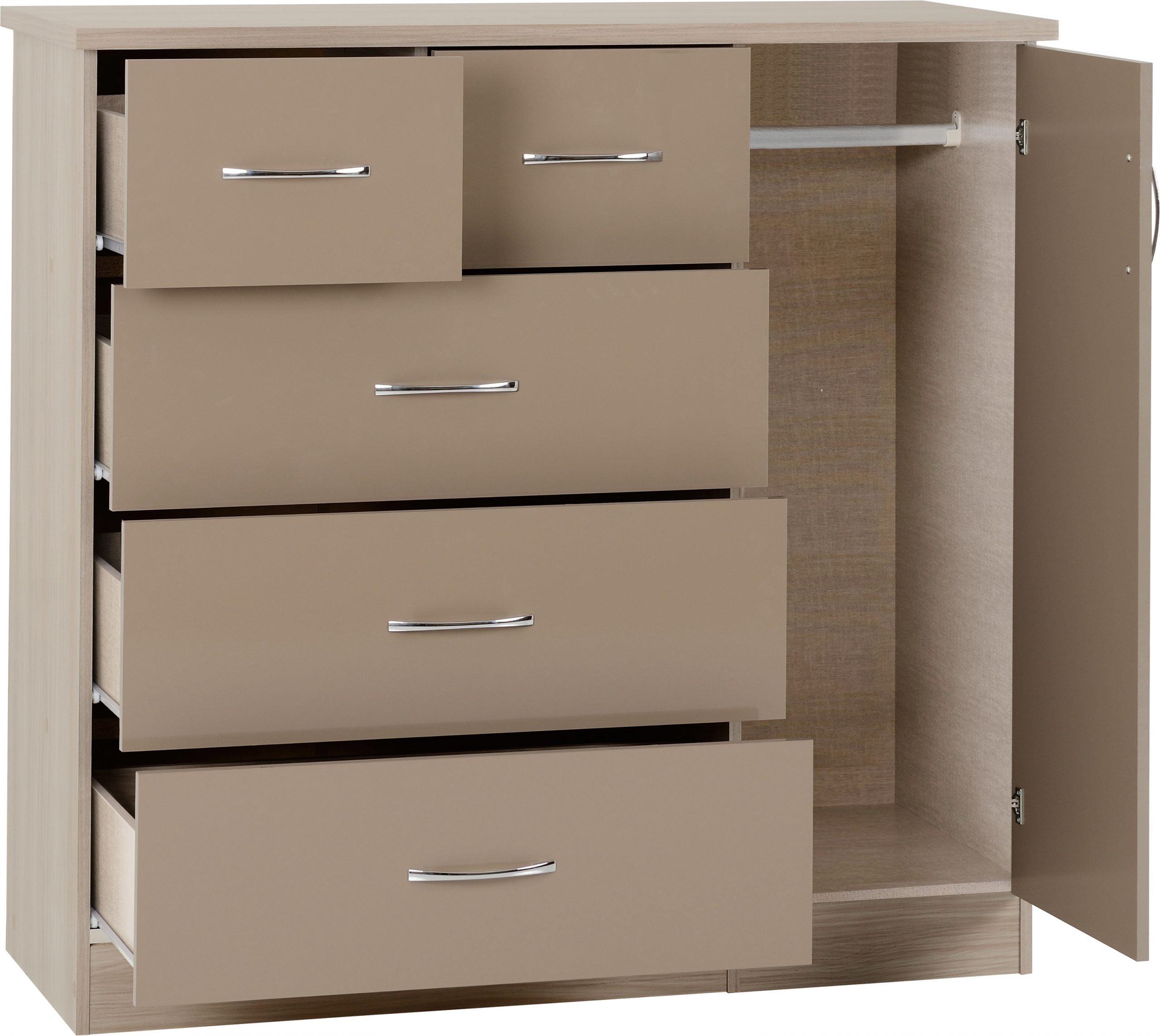 Nevada 5 Drawer Low Wardrobe (Oyster Gloss/Light Oak Effect Veneer) WH