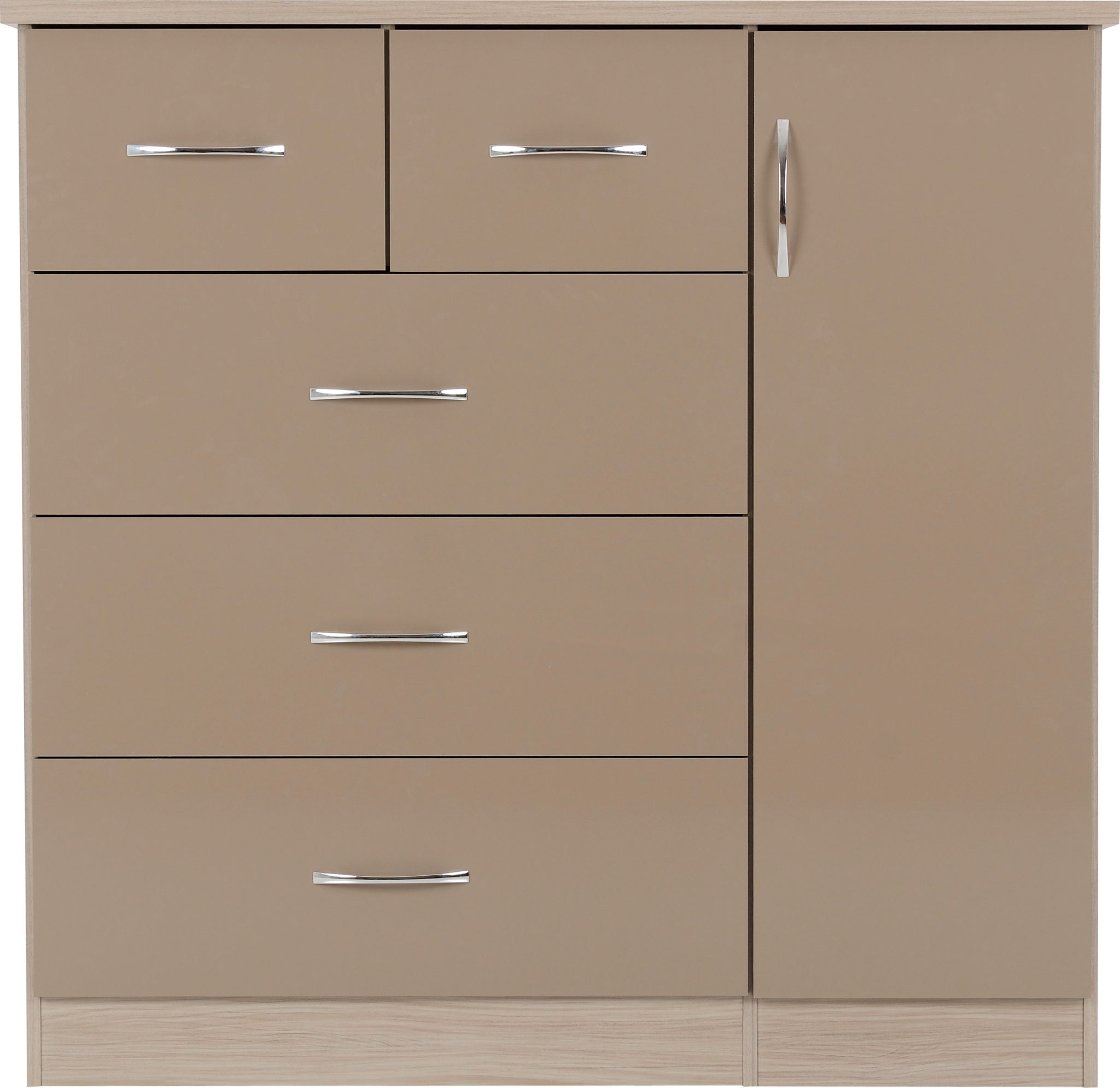 Nevada 5 Drawer Low Wardrobe (Oyster Gloss/Light Oak Effect Veneer) WH