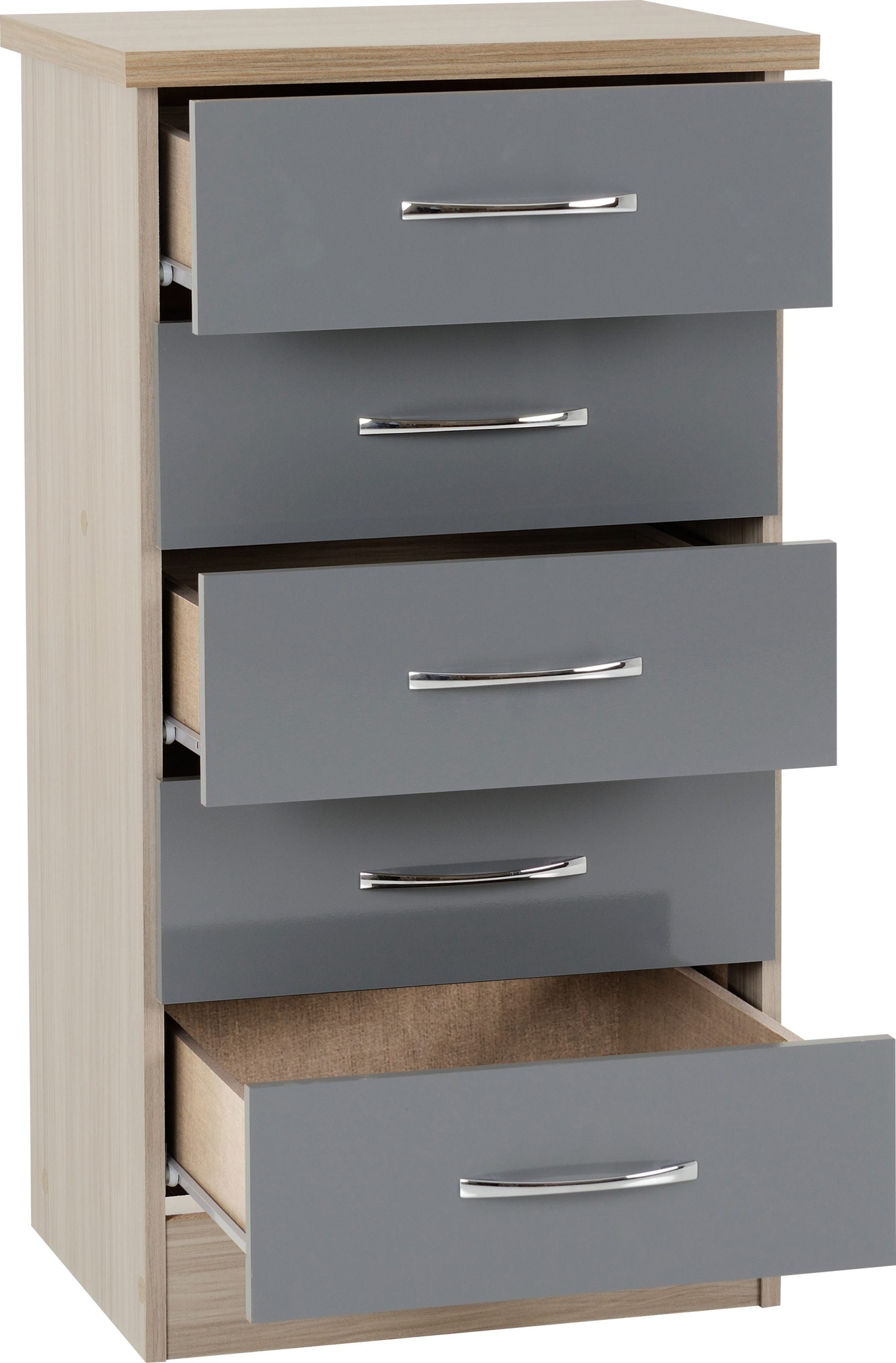 Nevada 5 Drawer Narrow Chest (Grey Gloss/Light Oak Effect Veneer) WH