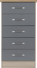 Nevada 5 Drawer Narrow Chest (Grey Gloss/Light Oak Effect Veneer) WH