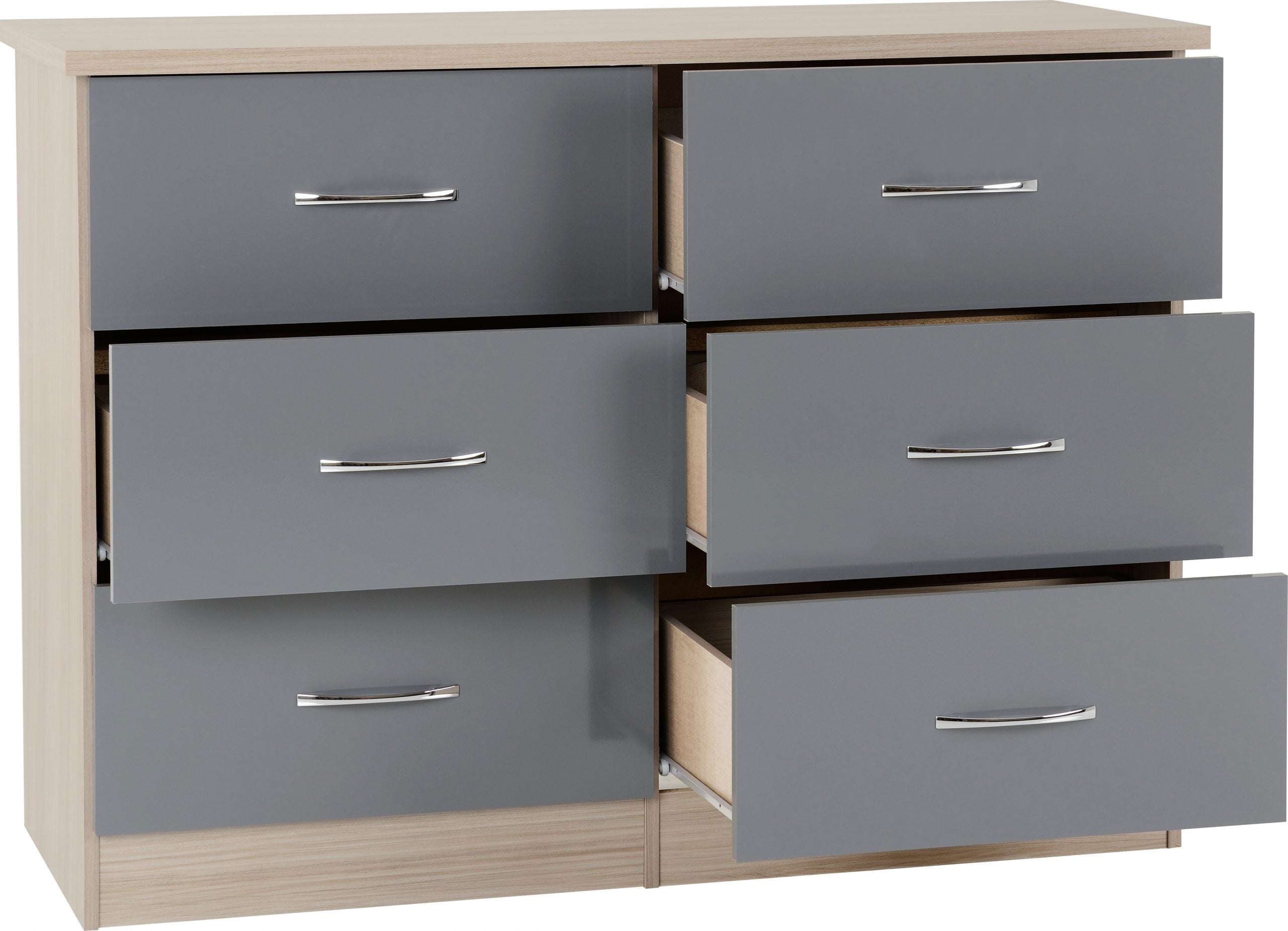 Nevada 6 Drawer Chest (Grey Gloss/Light Oak Effect Veneer) WH