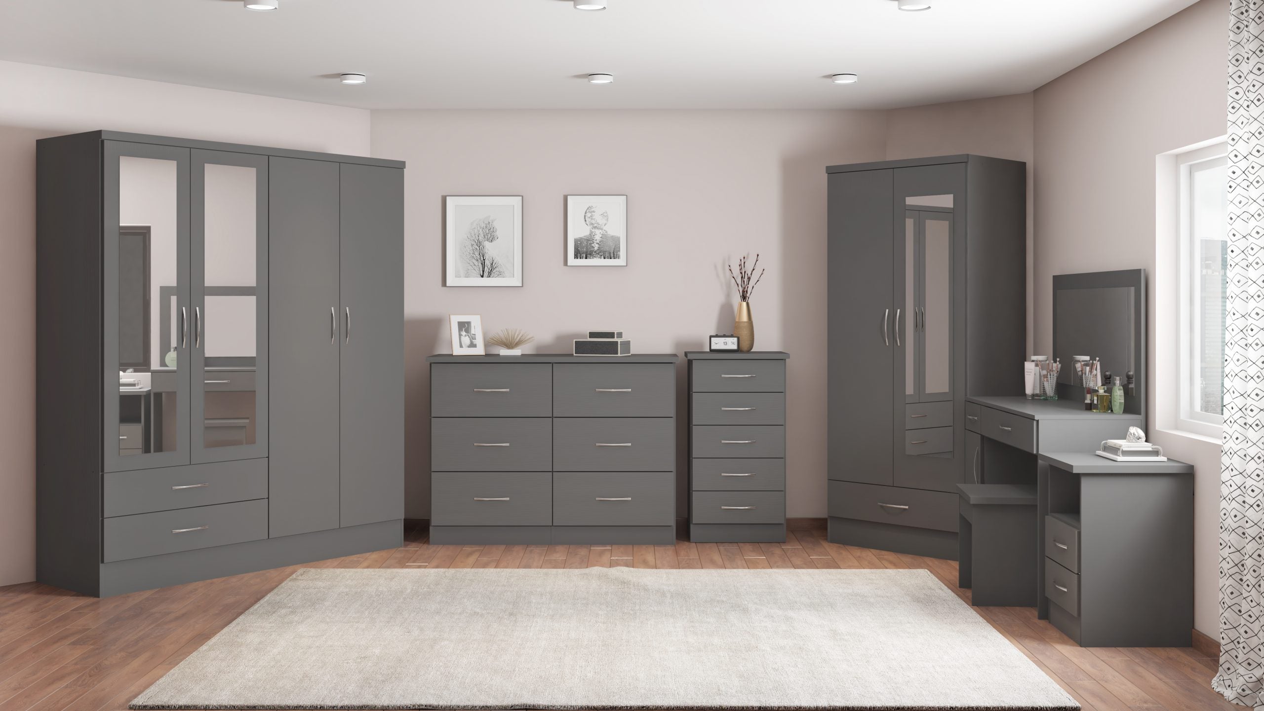 Nevada 3 Door 2 Drawer Mirrored Wardrobe (3D Effect Grey) WH