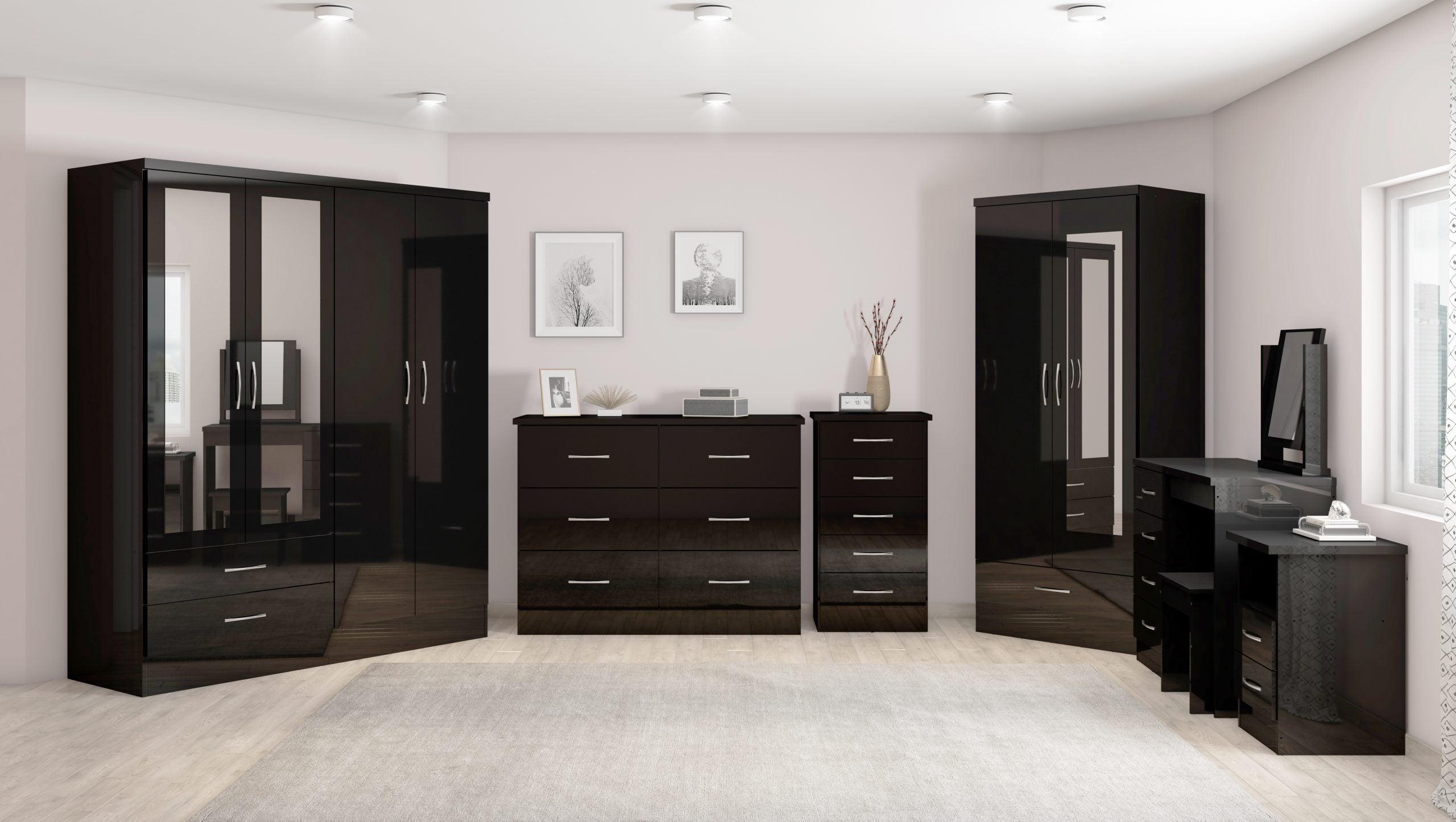 Nevada 4 Door 2 Drawer Mirrored Wardrobe (Black Gloss) WH