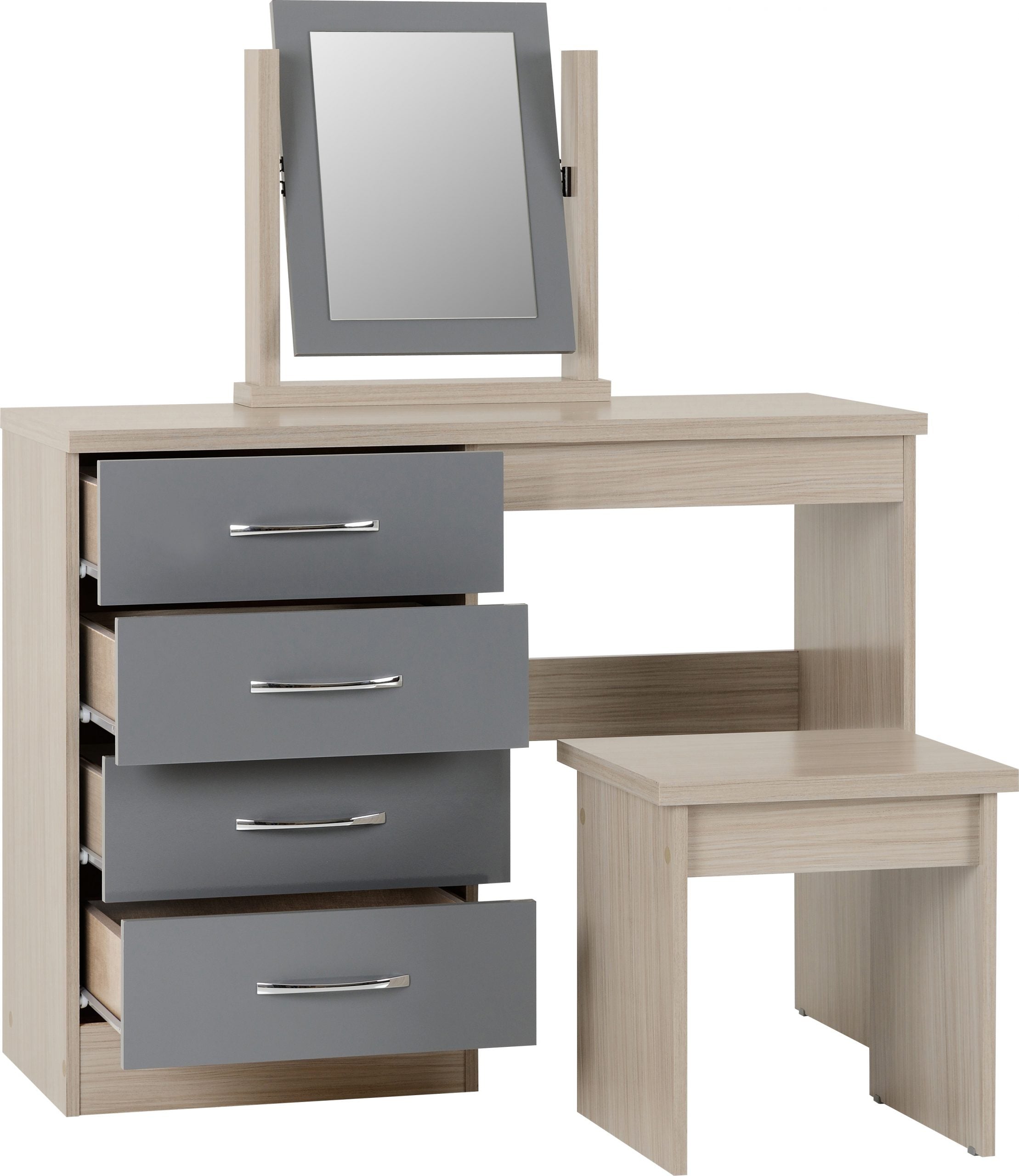 Nevada 4 Drawer Dressing Table Set (Grey Gloss/Light Oak Effect Veneer) WH