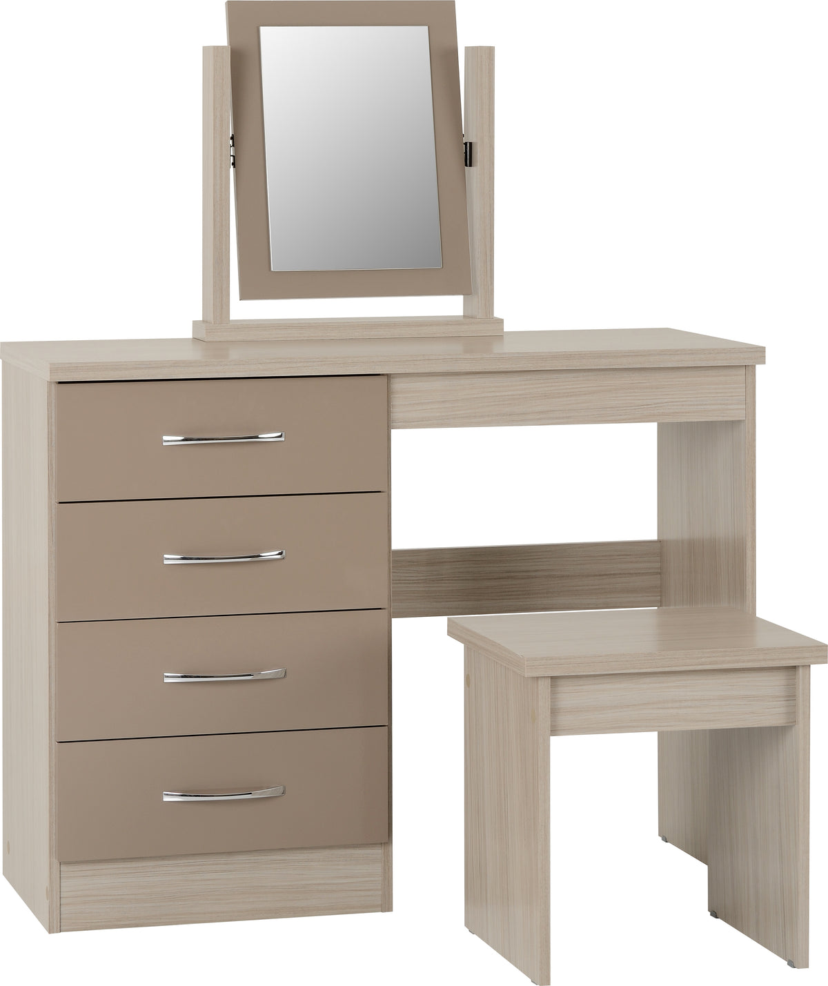 Nevada 4 Drawer Dressing Table Set (Oyster Gloss/Light Oak Effect Veneer) WH