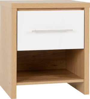 Seville 1 Drawer Bedside Cabinet White High Gloss/Light Oak Effect Veneer